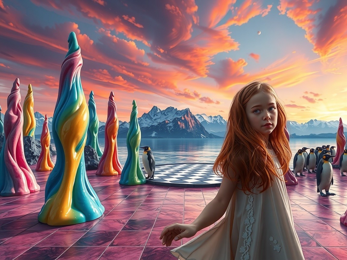 Surreal Sunset Landscape with Girl on Colorful Chessboard