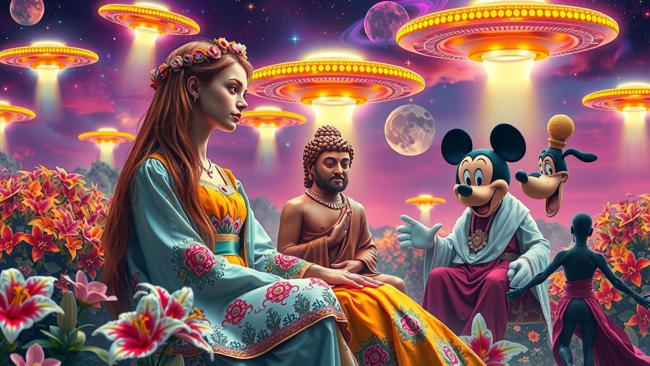 Surreal Landscape with Woman, Buddha, and UFOs