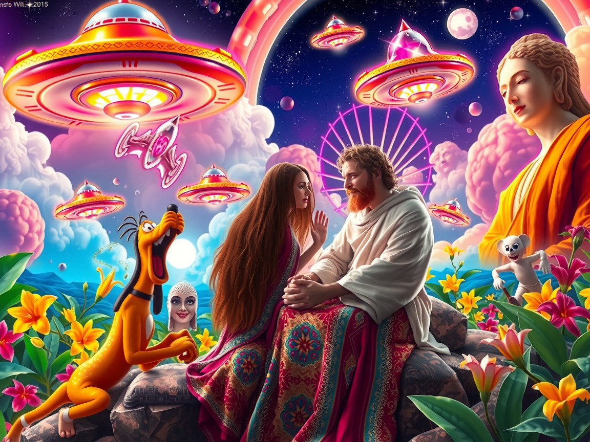 Whimsical Scene with Couple, Flowers, and UFOs