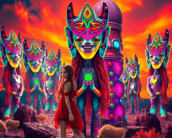 Surreal Landscape with Vibrant Figures and Fantasy Elements