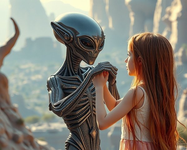 Surreal Landscape with Girl and Alien Connection