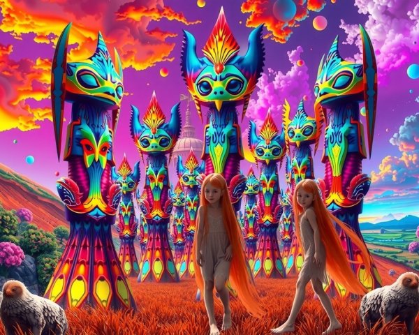 Surreal Landscape with Colorful Totem Poles and Figures