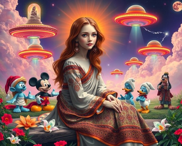 Young woman in gown with flowers and UFOs backdrop