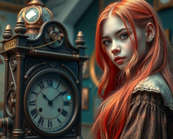 Young woman with red hair beside vintage clocks
