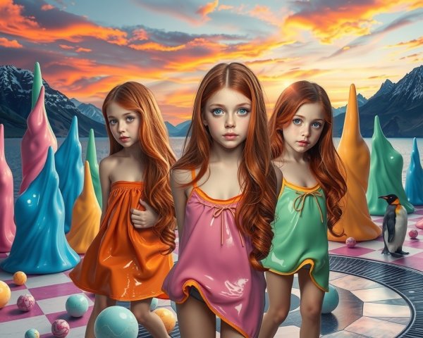 Young girls in colorful dresses in surreal sunset landscape