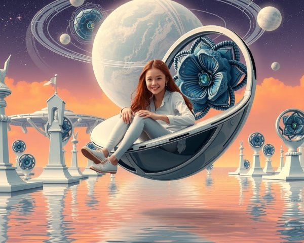 Futuristic Pod Scene with Ethereal Structures and Flowers