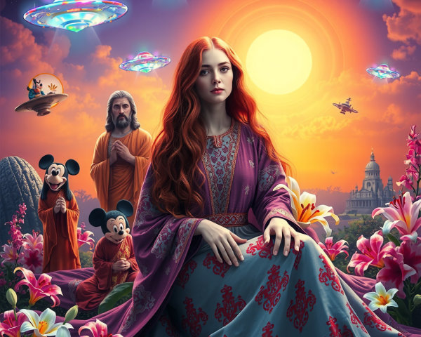 Sunset Scene with Woman, Lilies, and UFOs
