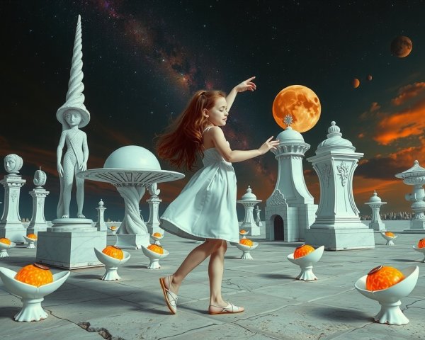Young girl in white dress in surreal landscape scene