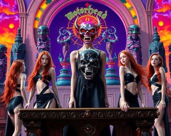 Surreal Scene with Women in Black and Skull Mask