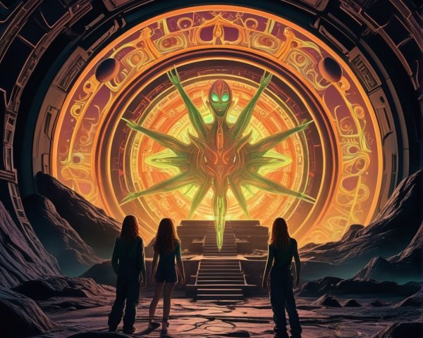 Three Silhouettes Before a Towering Alien Figure
