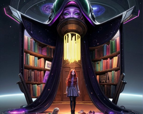 Cosmic Library with Mystical Archway and Enigmatic Figure