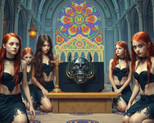Gothic Scene with Young Women Around Ornate Altar