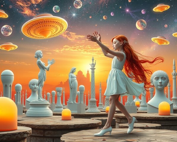 Girl with Red Hair Dancing in a Dreamlike Setting
