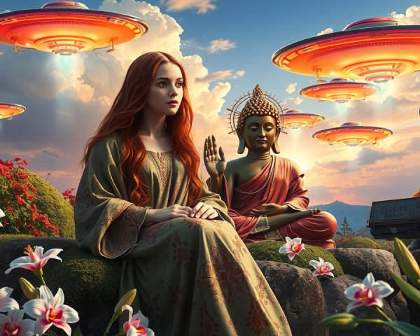 Surreal Landscape with Buddha and Colorful UFOs
