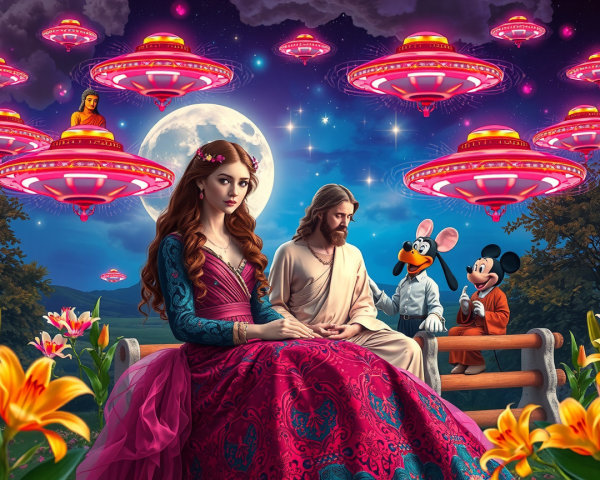 Surreal Scene with Woman, Jesus, and Cartoon Icons