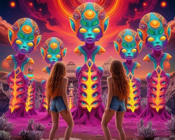 Young Women Encounter Colorful Alien Figures in Landscape
