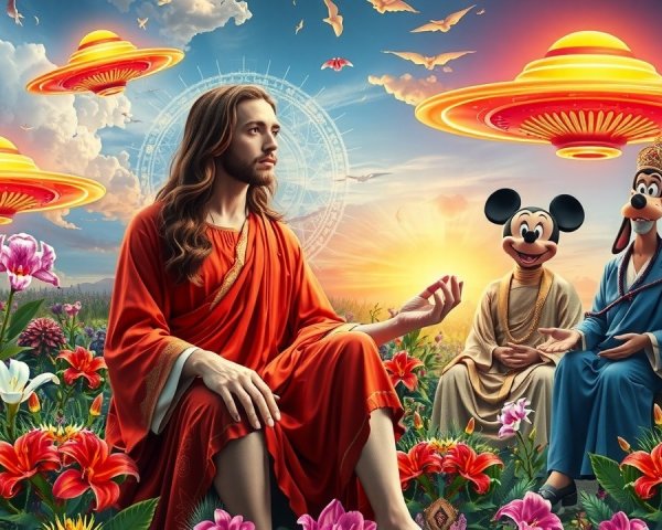 Surreal Landscape with Jesus and Whimsical Characters