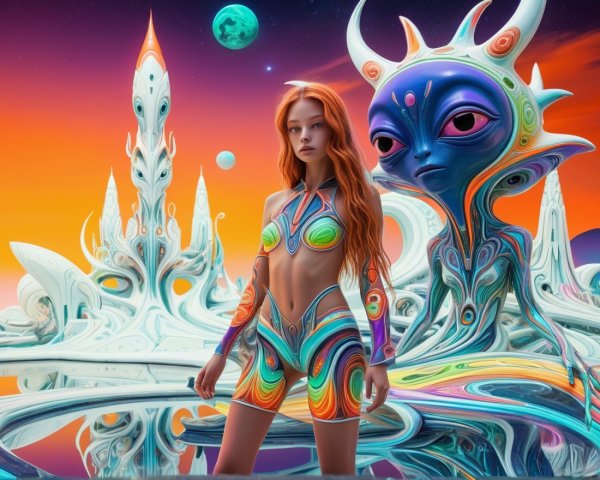 Surreal Landscape with Colorful Woman and Alien Figure