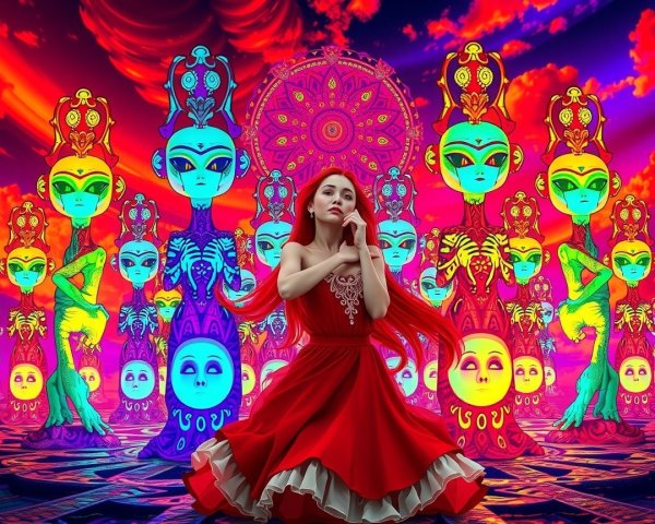 Young Woman in Red Dress in Surreal Landscape