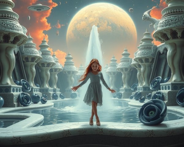 Young girl in flowing dress poses in surreal setting