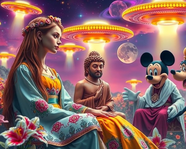 Surreal Landscape with Woman, Buddha, and UFOs