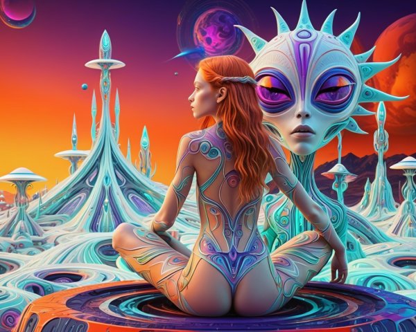 Surreal Scene with Young Woman and Alien Landscapes