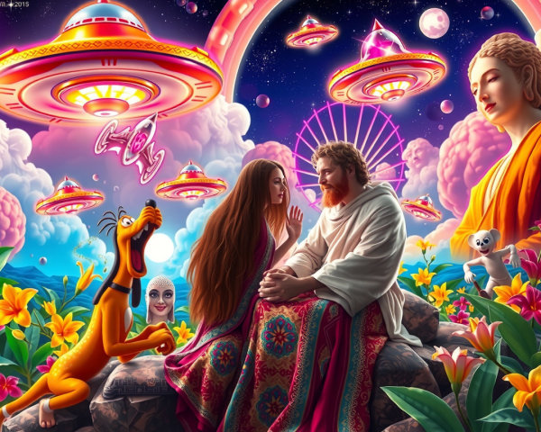 Whimsical Scene with Couple, Flowers, and UFOs