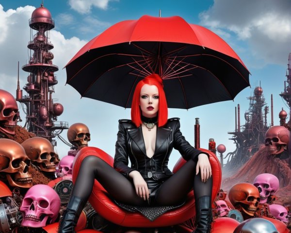 Bold Figure with Red Hair Under Umbrella in Sci-Fi Setting