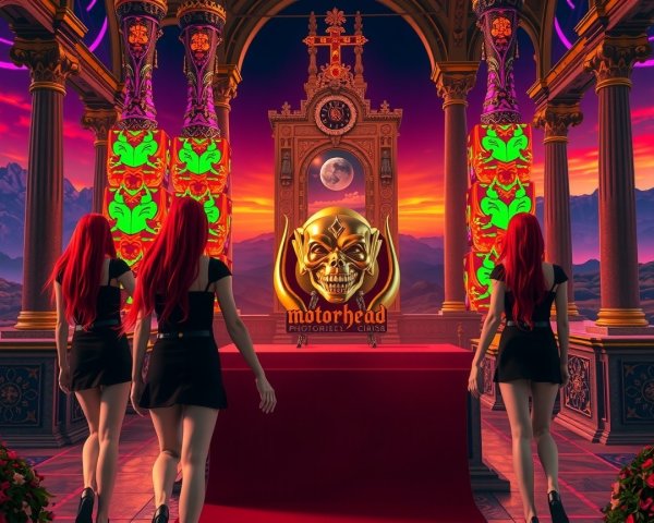 Surreal Throne Room with Red-Haired Figures and Sunset