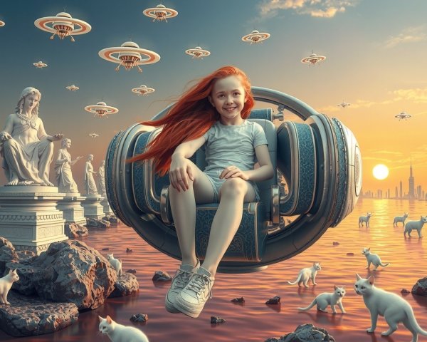 Young girl in futuristic chair with whimsical scenery