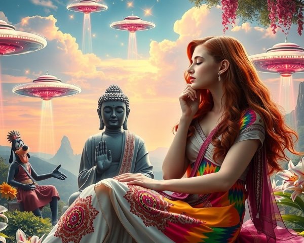 Surreal Landscape with Woman, Buddha, and UFOs