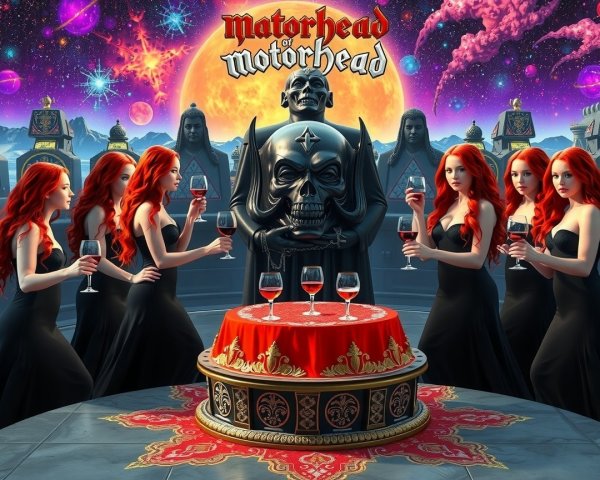 Surreal Cosmic Scene with Gothic Elements and Statues