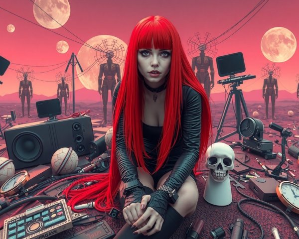 Surreal Landscape with Red-Haired Figure and Robots