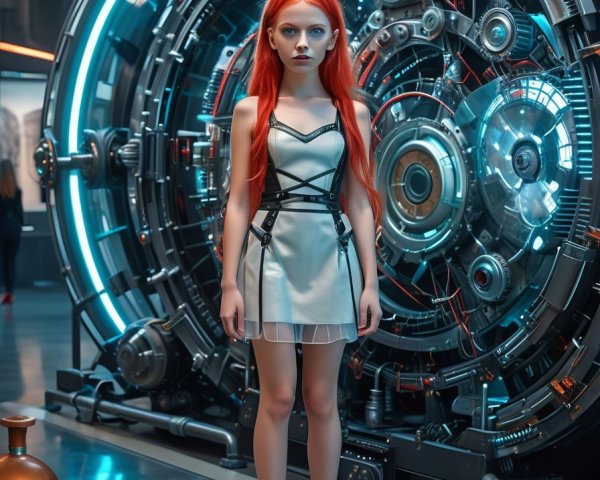 Young woman in futuristic setting with mechanical structure