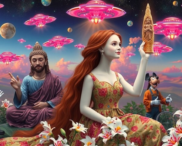 Surreal Landscape with Woman, Buddha, and UFOs