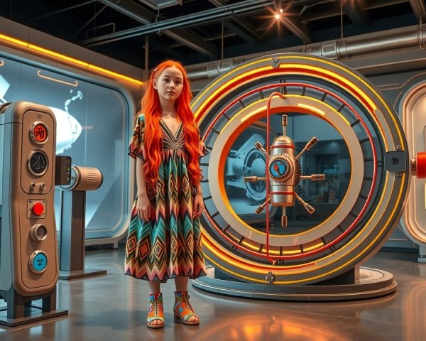 Young Girl with Red Hair in Futuristic Exhibit