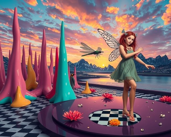 Surreal Sunset Landscape with a Winged Woman