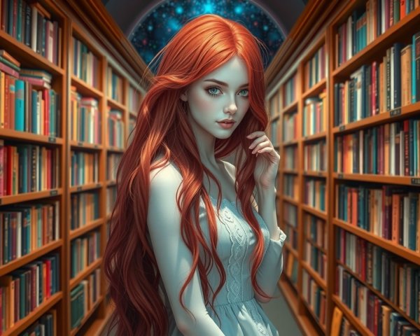 Young woman in a library with stained glass window