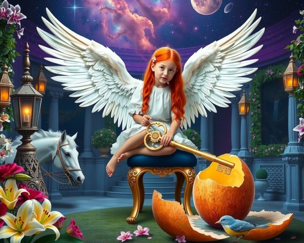 Young girl with wings in a mystical garden setting