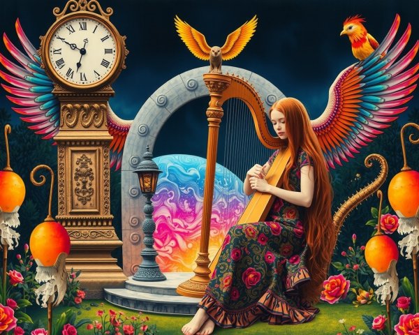Woman by Harp in a Dreamlike Fantasy Scene