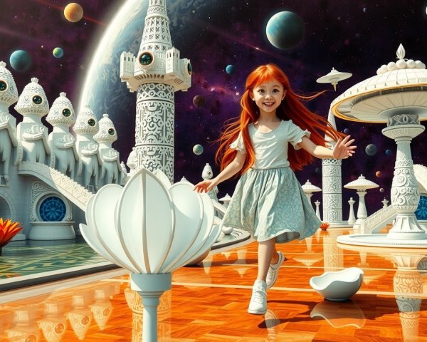 Young girl with red hair in a whimsical landscape