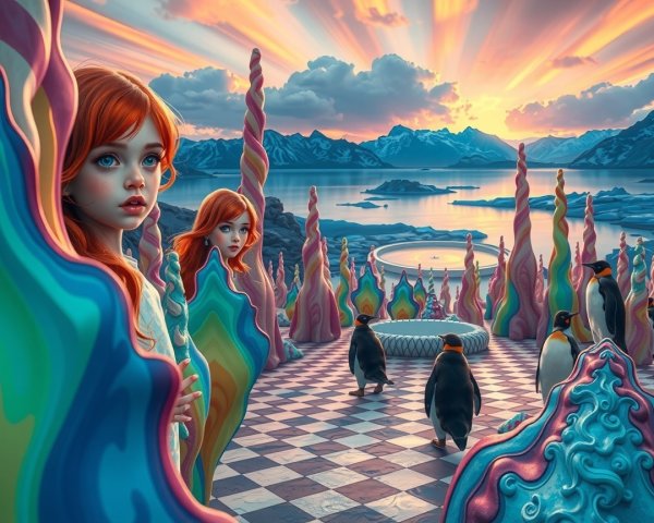 Surreal Landscape with Red-Haired Girls and Penguins