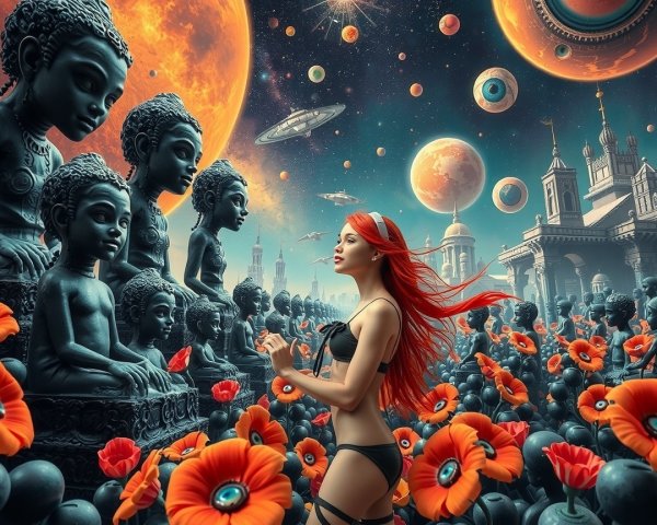 Surreal Scene of Woman Among Buddha Statues and Cosmos