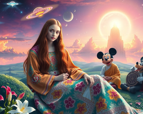Surreal Landscape with Woman and Cartoon Figures