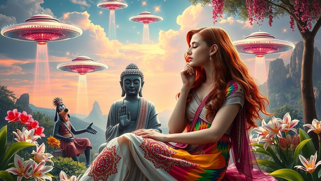 Surreal Landscape with Woman, Buddha, and UFOs