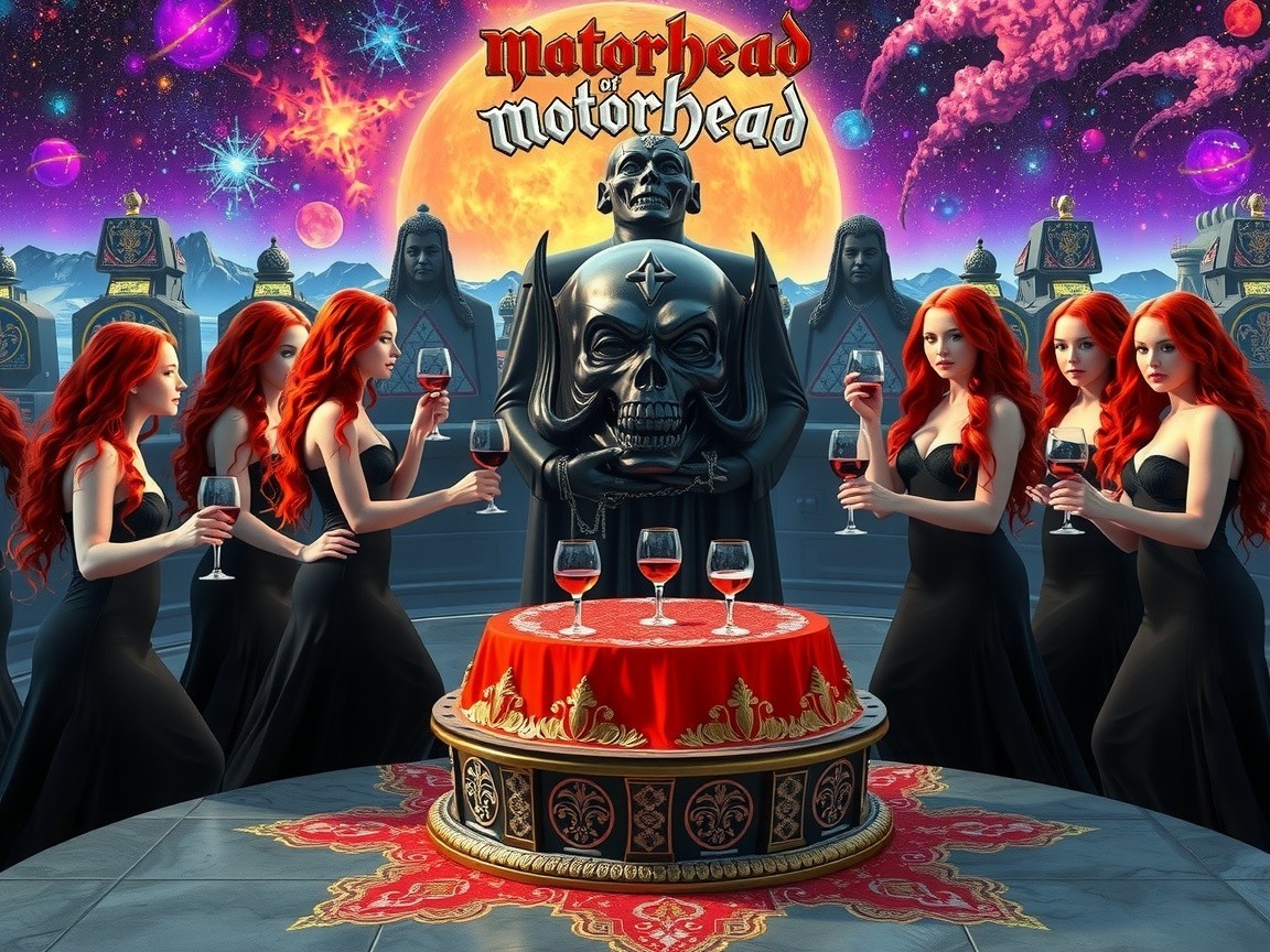 Surreal Cosmic Scene with Gothic Elements and Statues