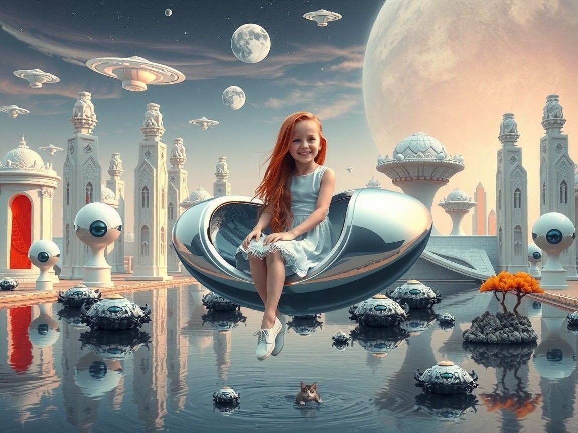 Surreal Landscape with Girl in Pod and Floating Structures