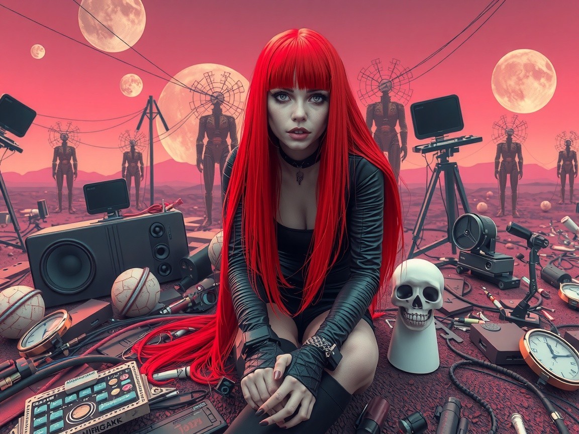 Surreal Landscape with Red-Haired Figure and Robots