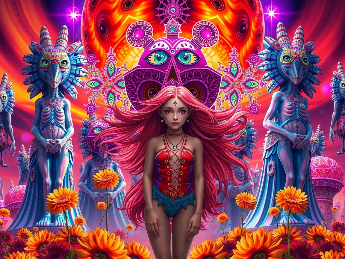 Vibrant Scene of Girl with Pink Hair and Abstract Figures