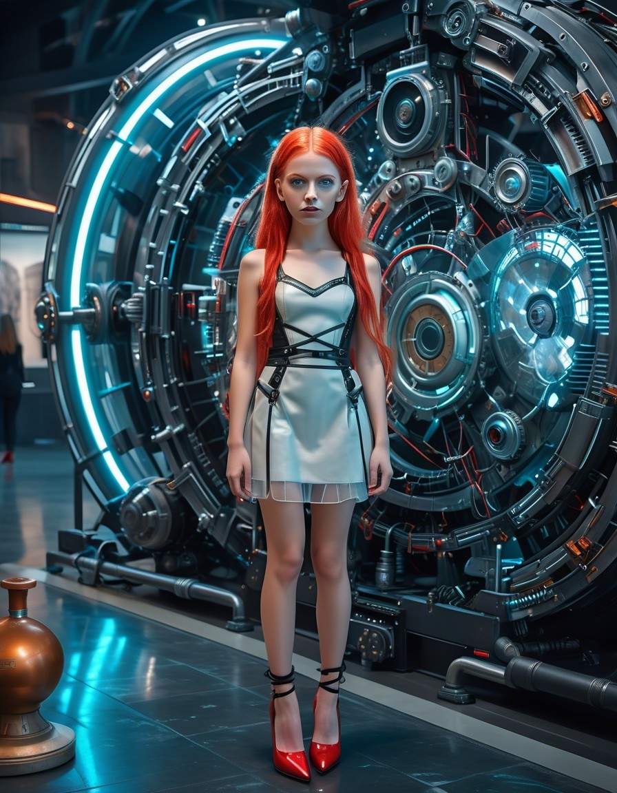 Young woman in futuristic setting with mechanical structure